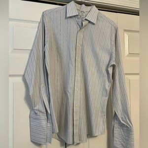 Brooks Brothers 346 Slim Fit French Cuff Blue White Gray Stripe Dress Shirt 15.5